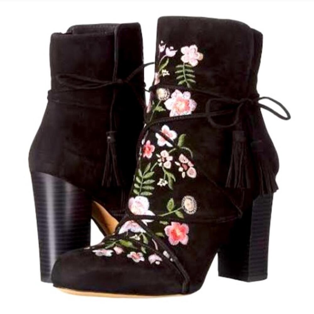 🆕 Sam Edelman Winnie Floral‎ Embroidered Suede Ankle Bootie  in Black Size 6